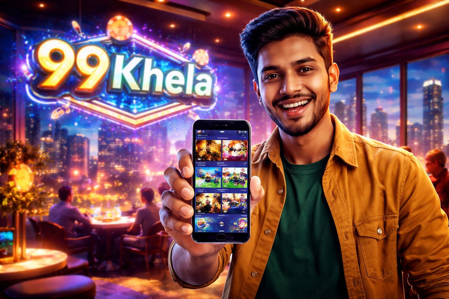 Enthusiastic Bangladeshi gamer showcasing a vibrant online casino interface with glowing chips and cards symbolizing thrilling action at 99Khela