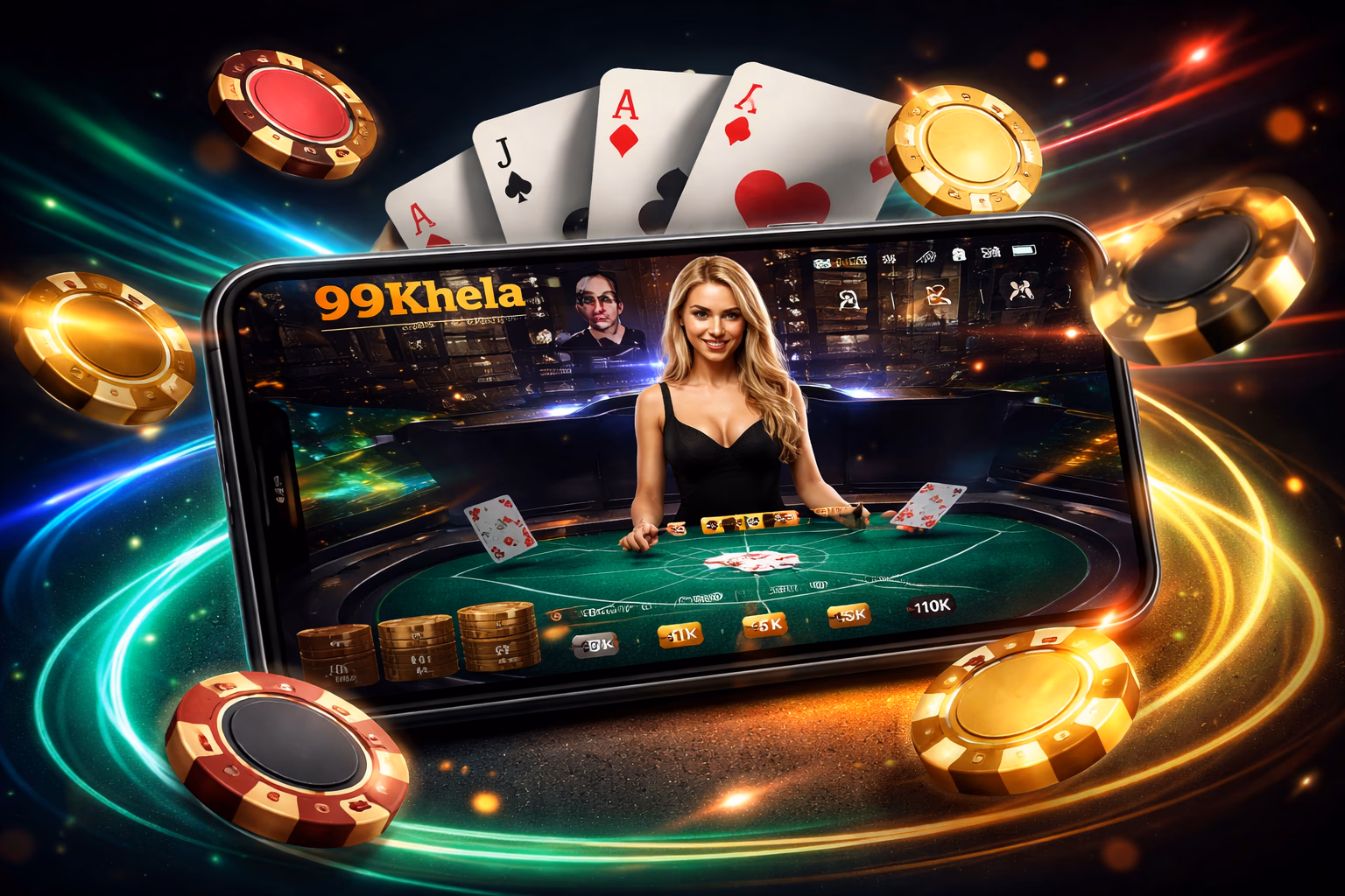 Confident Bangladeshi woman enjoying the 99Khela casino app on her smartphone with glowing casino chips and card symbols surrounding her