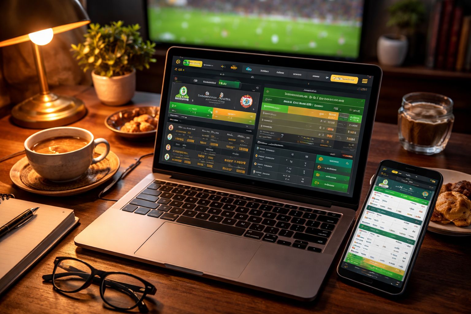 Focused Bangladeshi sports analyst reviewing real-time football and cricket wagering data on dual screens using 99Khela's advanced betting dashboard