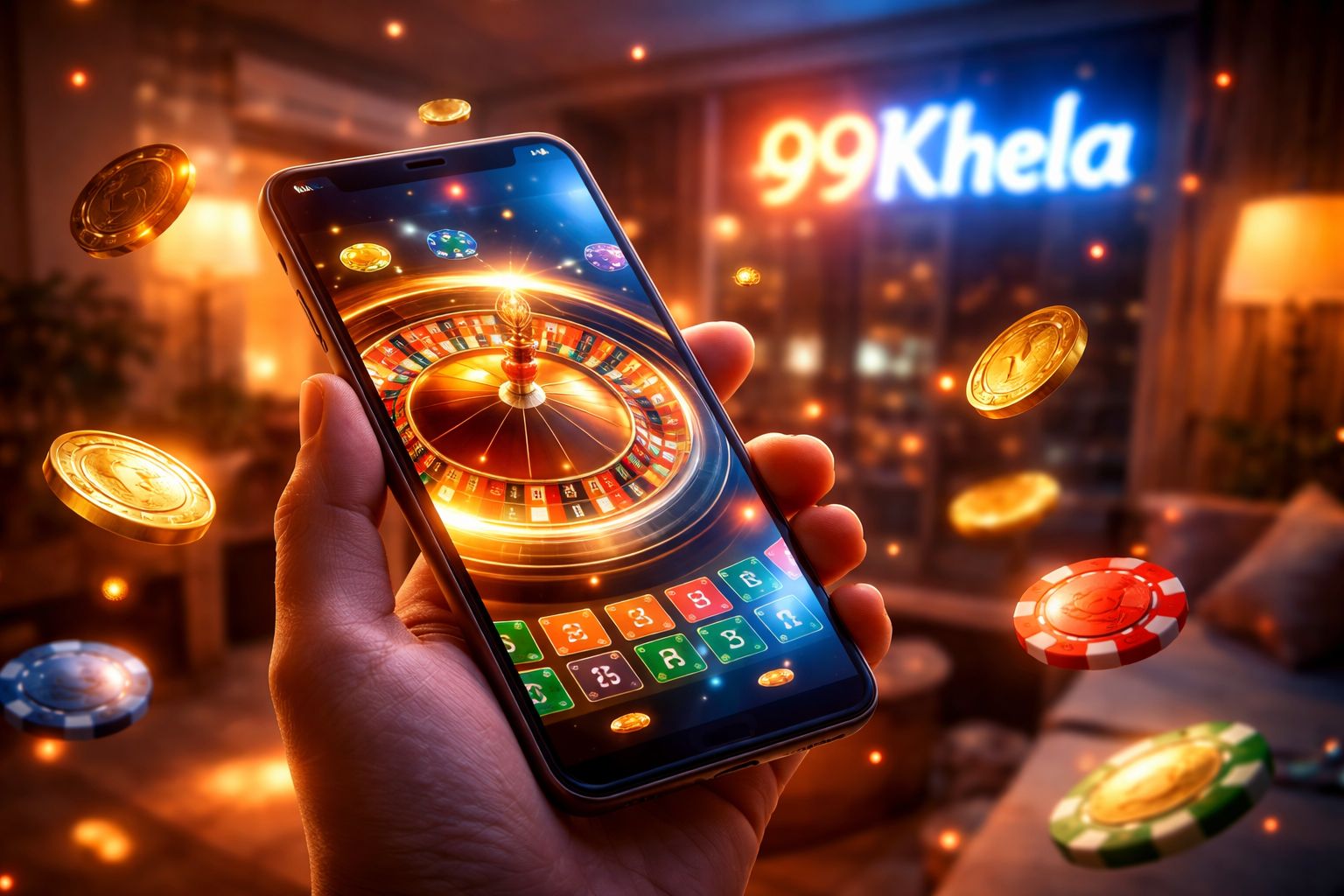 Vivid digital roulette wheel spinning out of a glowing smartphone surrounded by golden coins representing the exciting 99Khela casino experience in Bangladesh