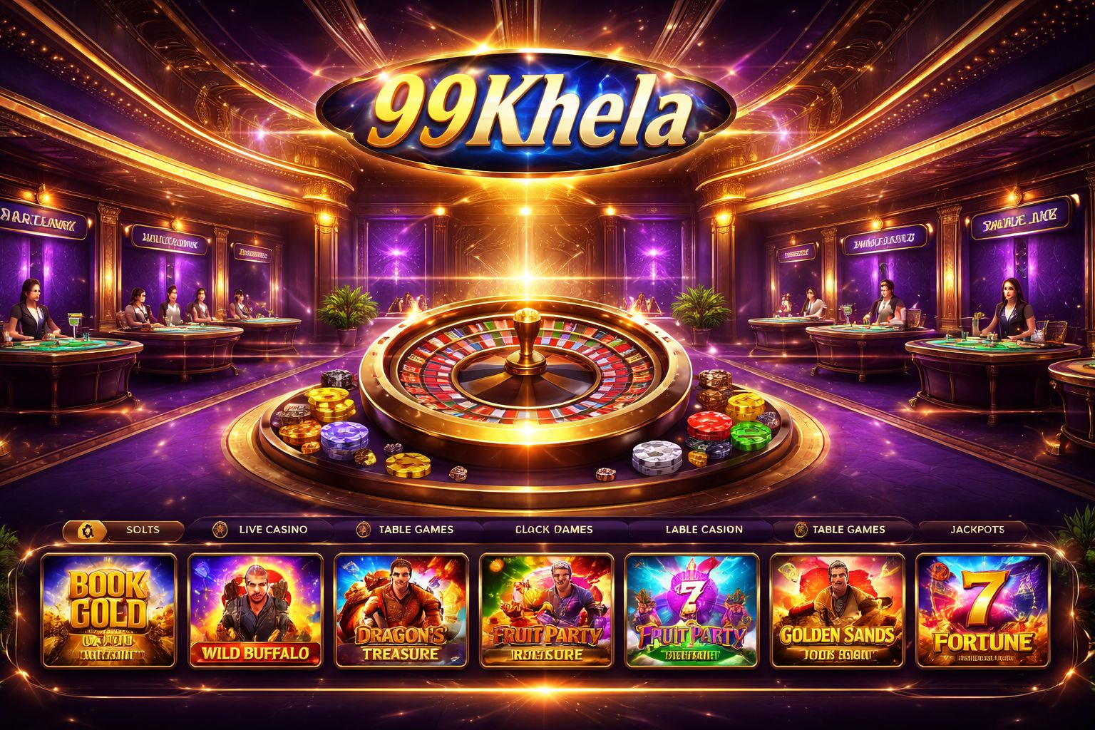 Confident live dealer standing beside a luxurious roulette table with floating golden chips representing the elite live casino environment at 99Khela in Bangladesh