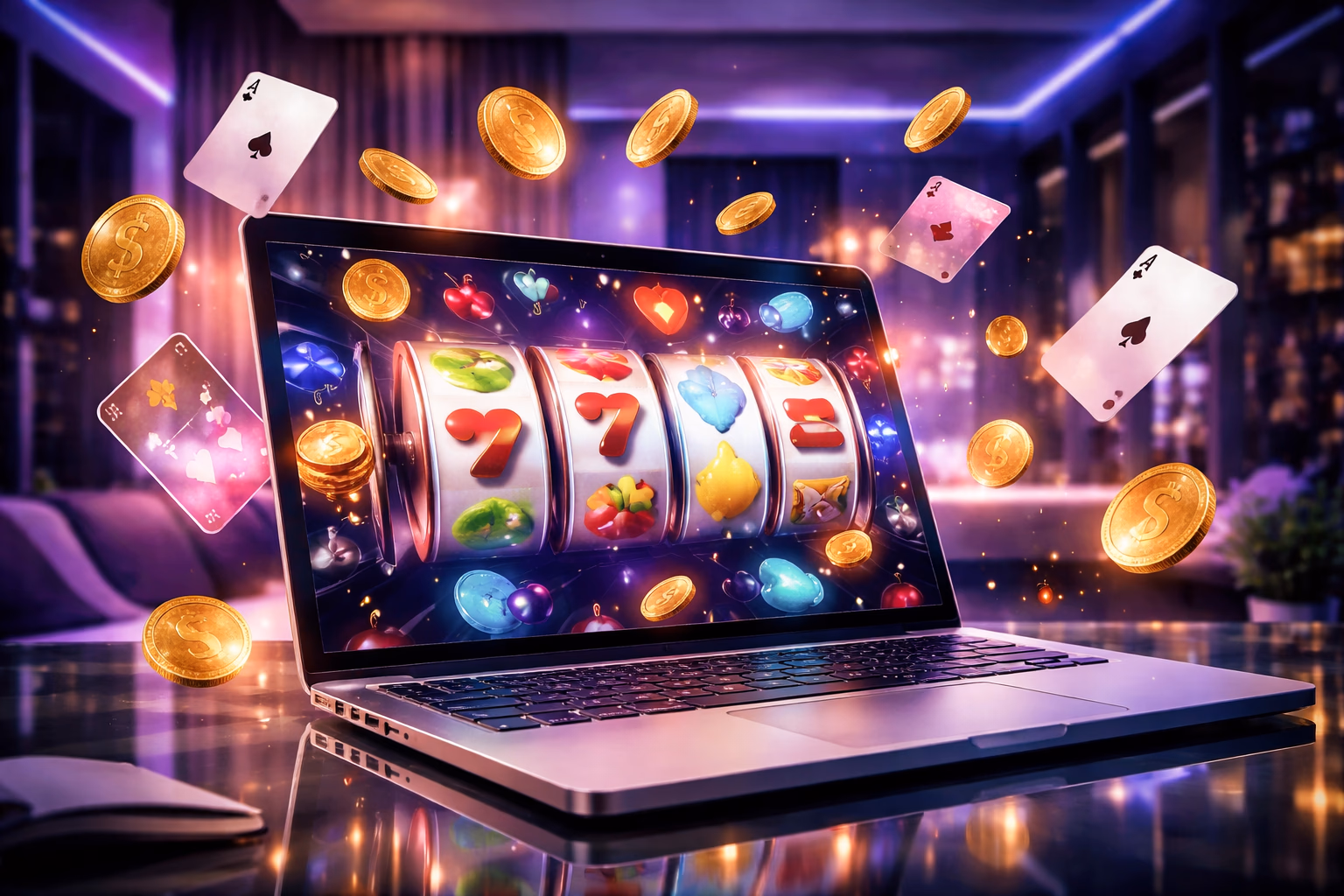 Sleek laptop displaying the 99Khela Aviator crash game interface with colorful betting chips and a spinning roulette wheel creating an immersive digital casino atmosphere