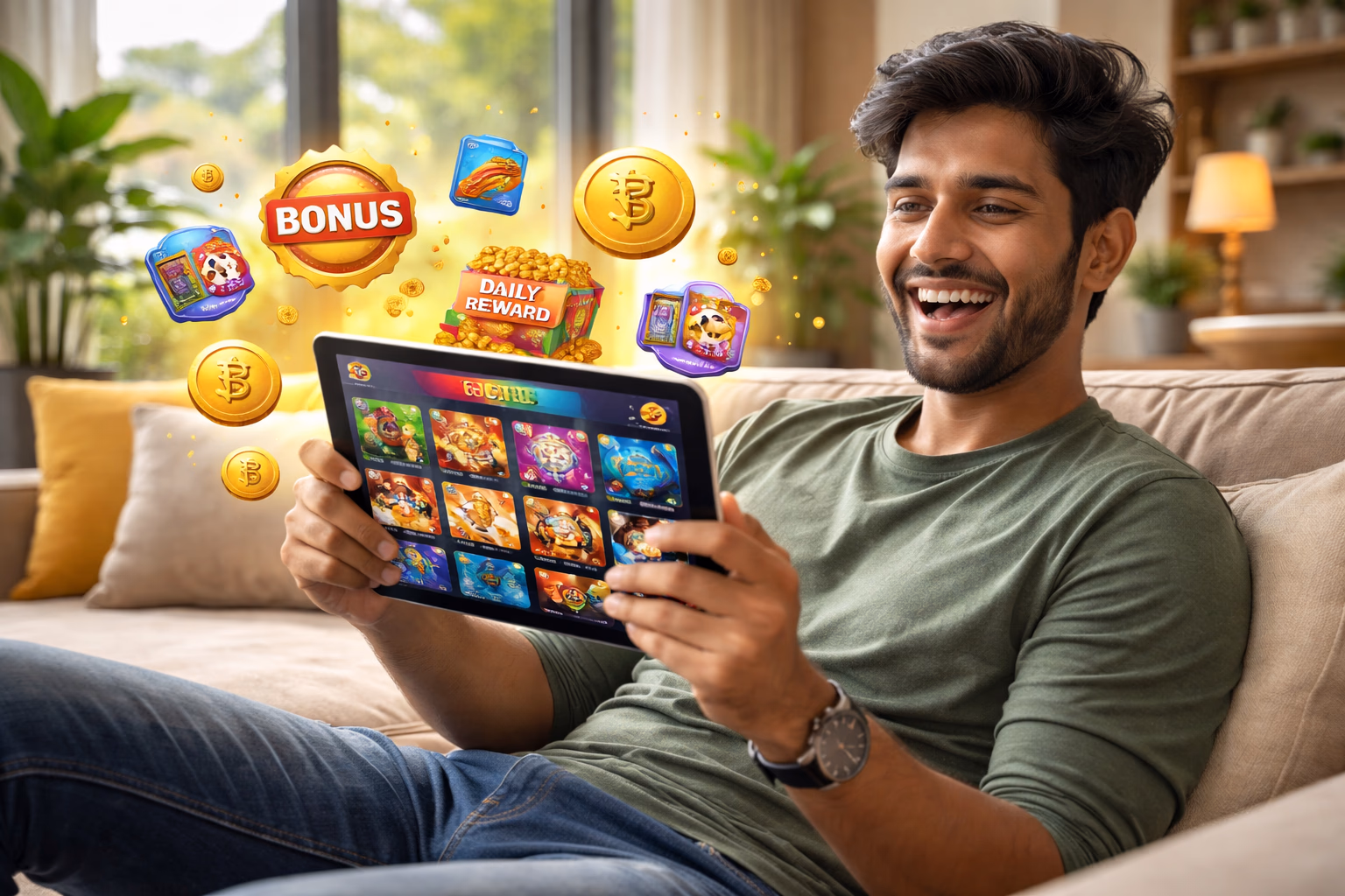 Enthusiastic Bengali gamer exploring the 99Khela account dashboard with bonus icons and reward notifications floating around a tablet screen